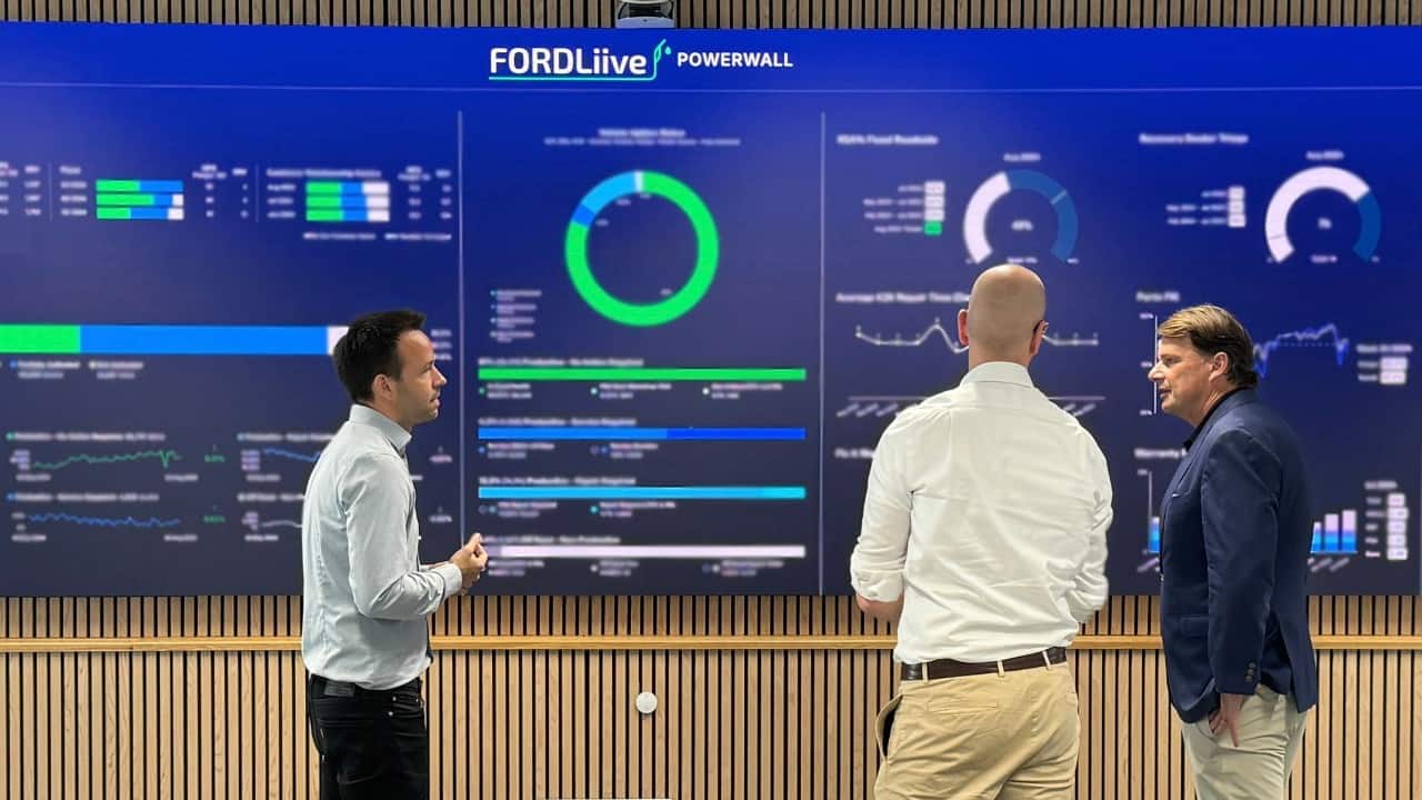 A group of men stand in front of a screen with various charts and numbers on it. The top reads FORDLiive Powerwall.